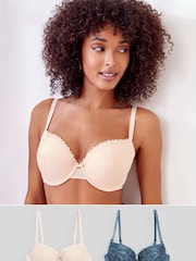 Blue/Nude Pad Balcony Embroidered Bras 2 Pack - Image 1 of 12