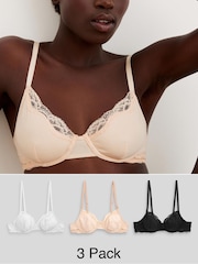 Black/ White/Pastel Rose Nude Non Pad Balcony Cotton Blend Ultimate Comfort Bras 3 Pack - Image 1 of 9