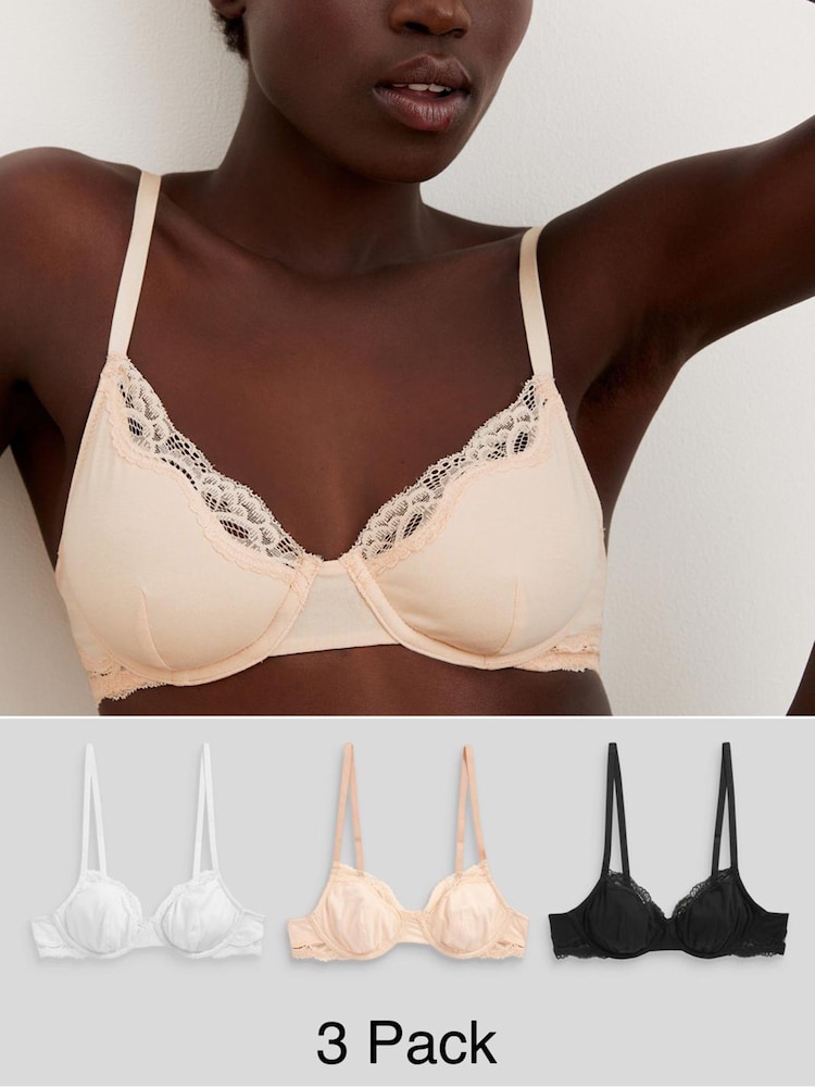 Black/ White/Pastel Rose Nude Non Pad Balcony Cotton Blend Ultimate Comfort Bras 3 Pack - Image 1 of 9