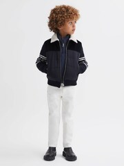 Reiss Navy Alpine Hybrid Knitted-Quilted Fairisle Pattern Coat - Image 1 of 5