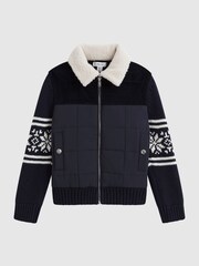 Reiss Navy Alpine Hybrid Knitted-Quilted Fairisle Pattern Coat - Image 2 of 5