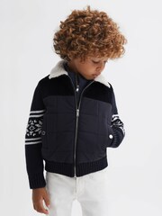 Reiss Navy Alpine Hybrid Knitted-Quilted Fairisle Pattern Coat - Image 3 of 5