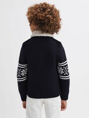 Reiss Navy Alpine Hybrid Knitted-Quilted Fairisle Pattern Coat - Image 4 of 5