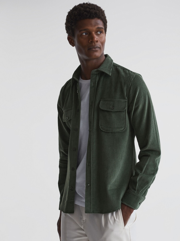 Reiss Green Bonucci Corduroy Twin Pocket Overshirt - Image 1 of 4