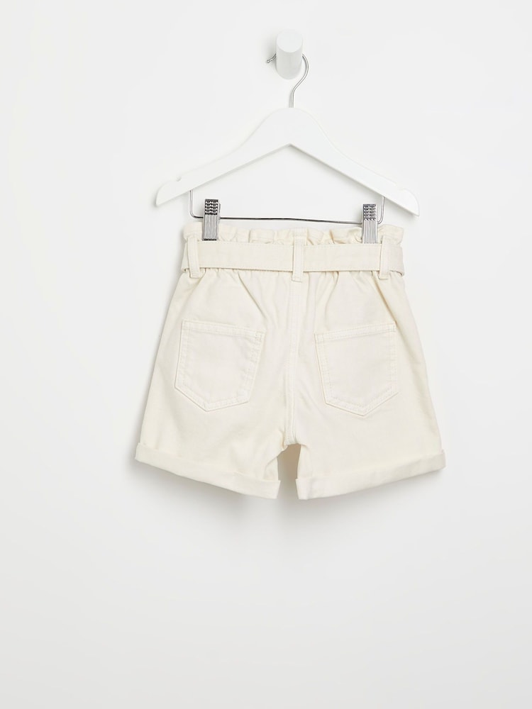 River Island Ecru Cream Girls 100% Cotton Paperbag Shorts - Image 2 of 3