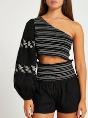 River Island Black One Shoulder Shirred Beach Top - Image 2 of 5