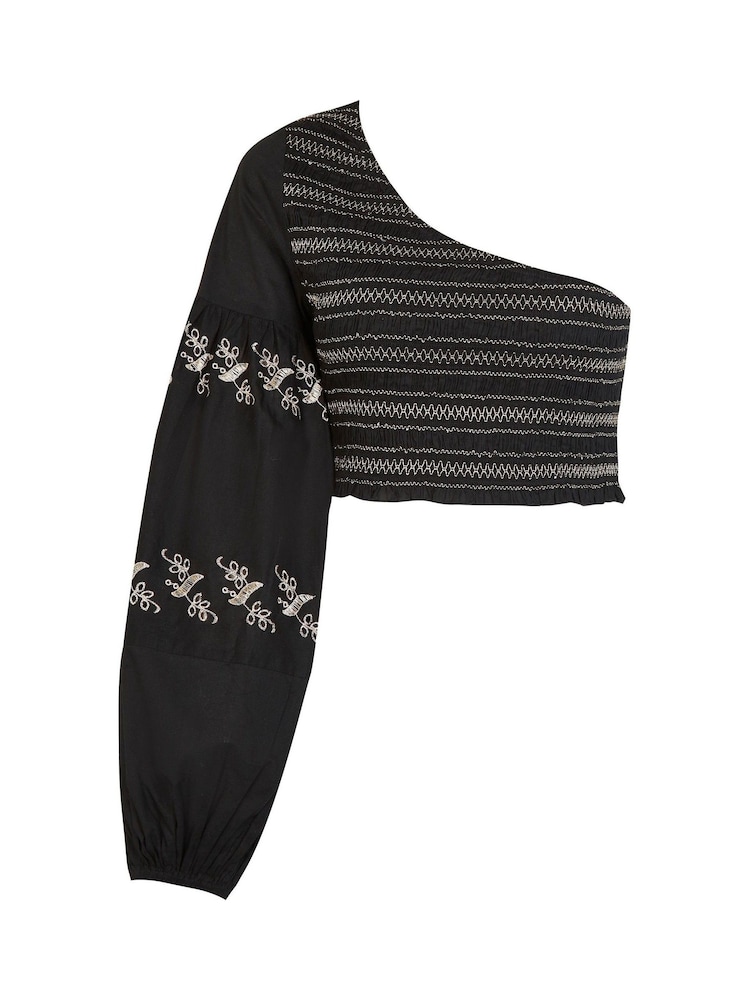 River Island Black One Shoulder Shirred Beach Top - Image 5 of 5
