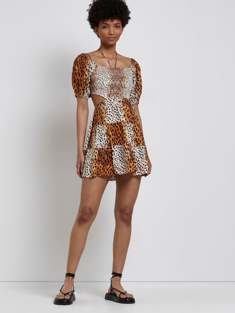 River Island Brown Cut Out Shirred Mini Dress - Image 2 of 5