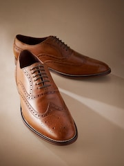 Tan Brown Wide Fit Signature Italian Leather Wing Cap Brogues - Image 2 of 5