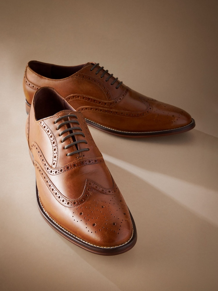 Tan Brown Wide Fit Signature Italian Leather Wing Cap Brogues - Image 2 of 5