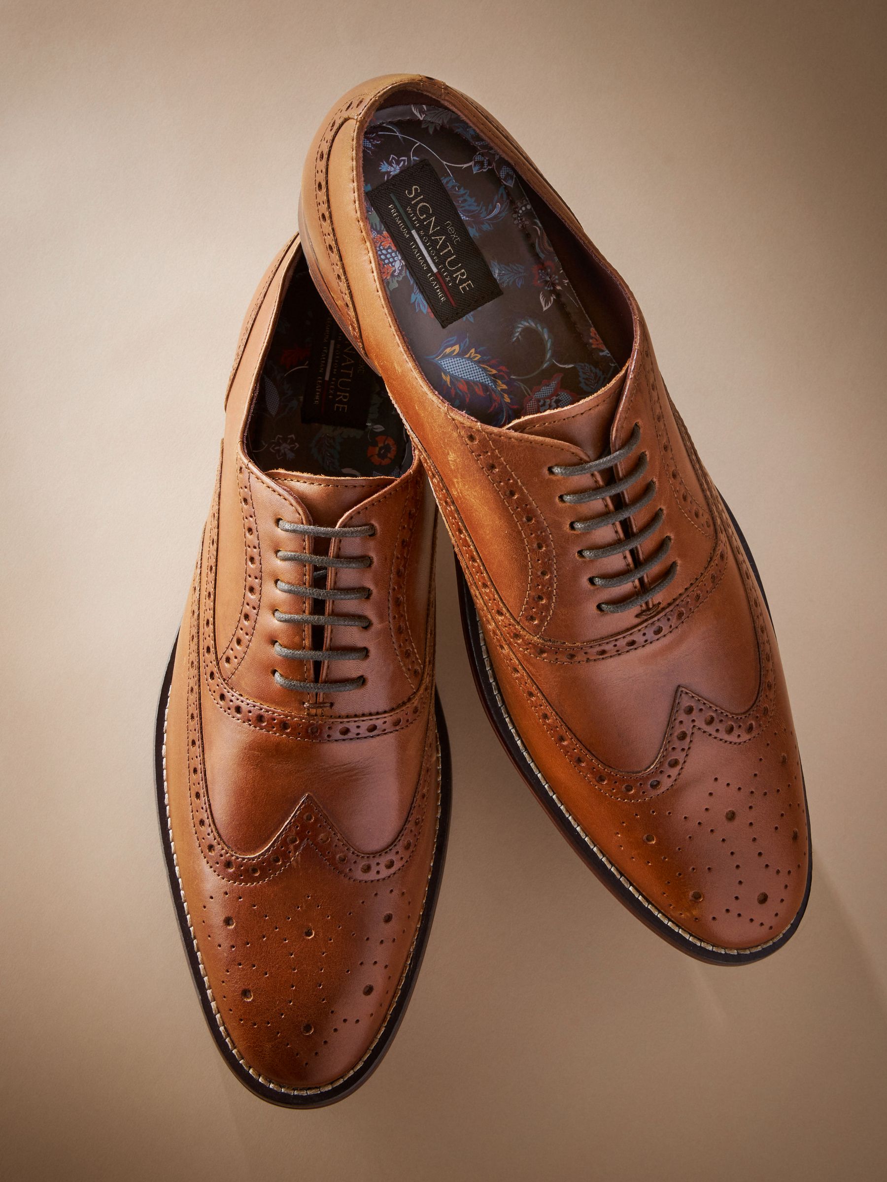 Buy Tan Brown Wide Fit Signature Italian Leather Wing Cap Brogues from Next Luxembourg