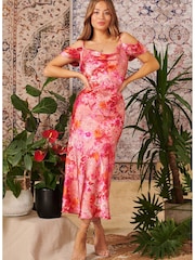 Hope And Ivy The Arianna Drop Shoulder Red Printed Satin Midaxi Dress - Image 1 of 2