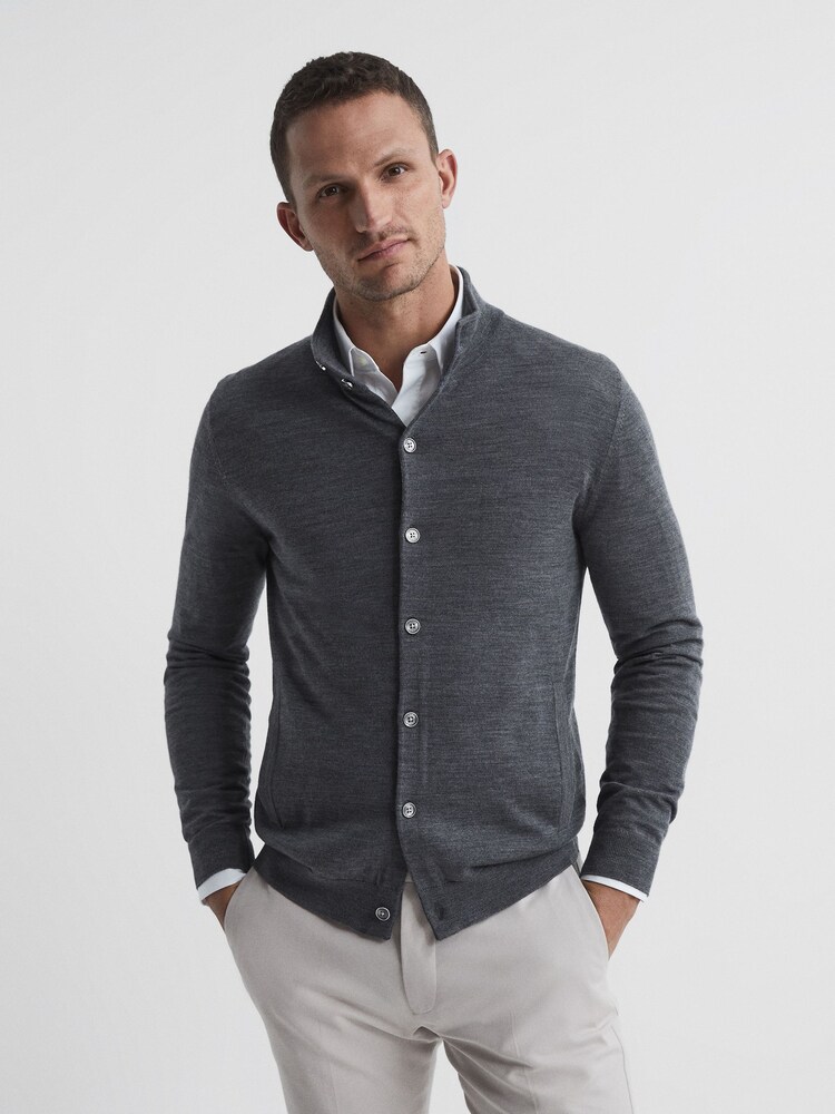Reiss Mid Grey Harlow Merino Button Through Jumper - Image 1 of 6
