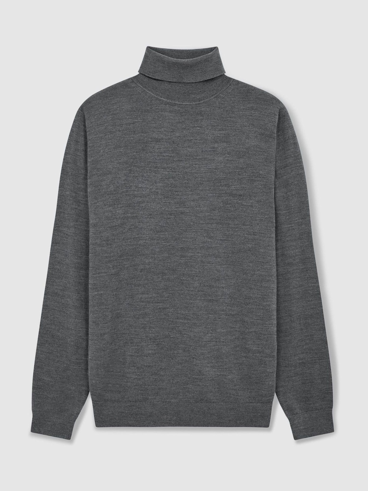 Reiss Mid Grey Melange Caine Slim Fit Merino Wool Roll Neck Jumper - Image 2 of 6