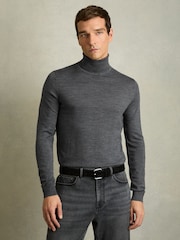 Reiss Mid Grey Melange Caine Slim Fit Merino Wool Roll Neck Jumper - Image 4 of 6