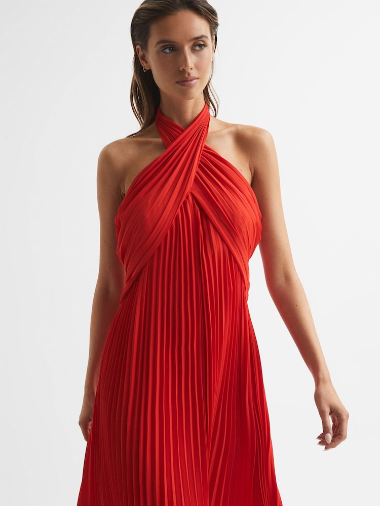 roya halter neck pleat midi dress NWT Reiss Dress Roya Pleated Midi Halter Neck in Red