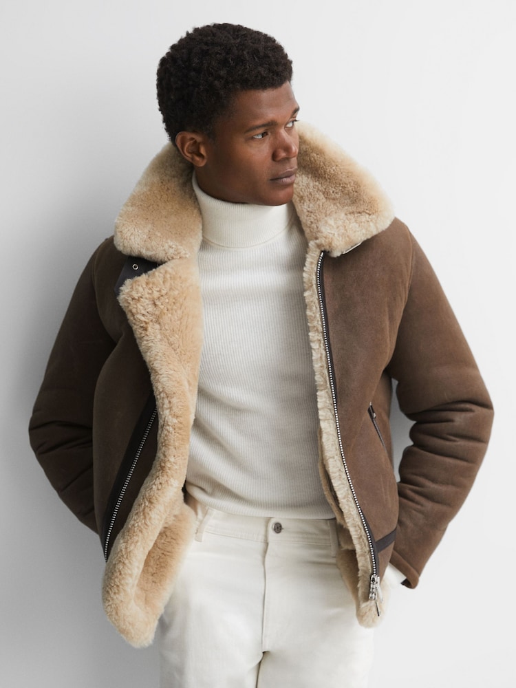 Reiss Brown Hardy Shearling Double Buckle Jacket - Image 1 of 8 Reiss Brown Hardy Shearling Double Buckle Jacket - Image 1 of 8