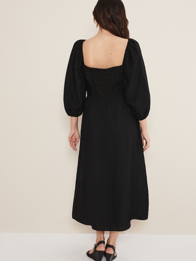 Phase Eight Shola Linen Ruched Bodice Black Dress - Image 2 of 5