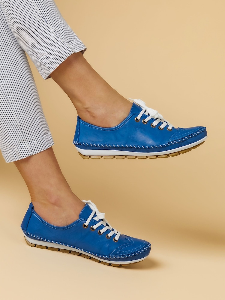 Pavers Blue Ladies Leather Lace-Up Trainers - Image 1 of 6