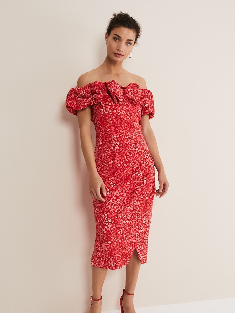 Phase Eight Red Senita Off Shoulder Ditsy Dress - Image 1 of 6