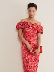 Phase Eight Red Senita Off Shoulder Ditsy Dress - Image 3 of 6