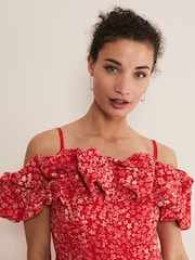 Phase Eight Red Senita Off Shoulder Ditsy Dress - Image 5 of 6