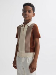 Reiss Tobacco/Ecru Milton Half-Zip Striped Polo Shirt - Image 1 of 6