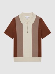 Reiss Tobacco/Ecru Milton Half-Zip Striped Polo Shirt - Image 2 of 6