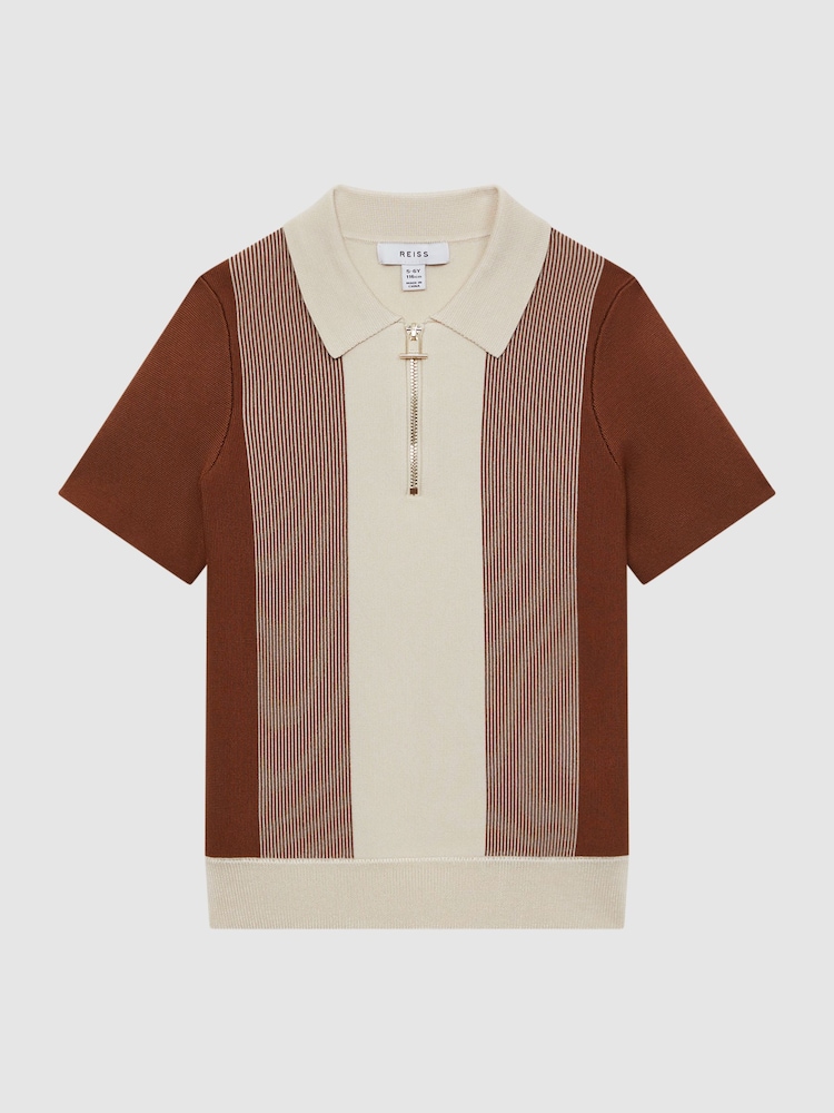 Reiss Tobacco/Ecru Milton Half-Zip Striped Polo Shirt - Image 2 of 6