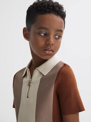 Reiss Tobacco/Ecru Milton Half-Zip Striped Polo Shirt - Image 4 of 6