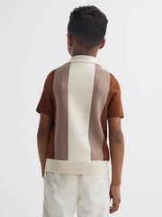 Reiss Tobacco/Ecru Milton Half-Zip Striped Polo Shirt - Image 5 of 6