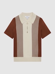 Tabaco/Crema - Reiss Milton Camiseta polo a rayas de media cremallera - Imagen 2 de 6