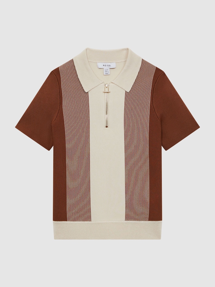 Tabaco/Crema - Reiss Milton Camiseta polo a rayas de media cremallera - Imagen 2 de 6