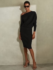 Reiss Black Lara Off-The-Shoulder Ribbed Midi Dress - Image 1 of 5
