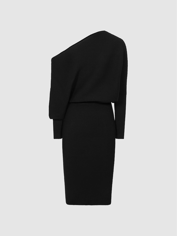 Reiss Black Lara Off-The-Shoulder Ribbed Midi Dress - Image 2 of 5
