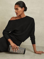 Reiss Black Lara Off-The-Shoulder Ribbed Midi Dress - Image 3 of 5