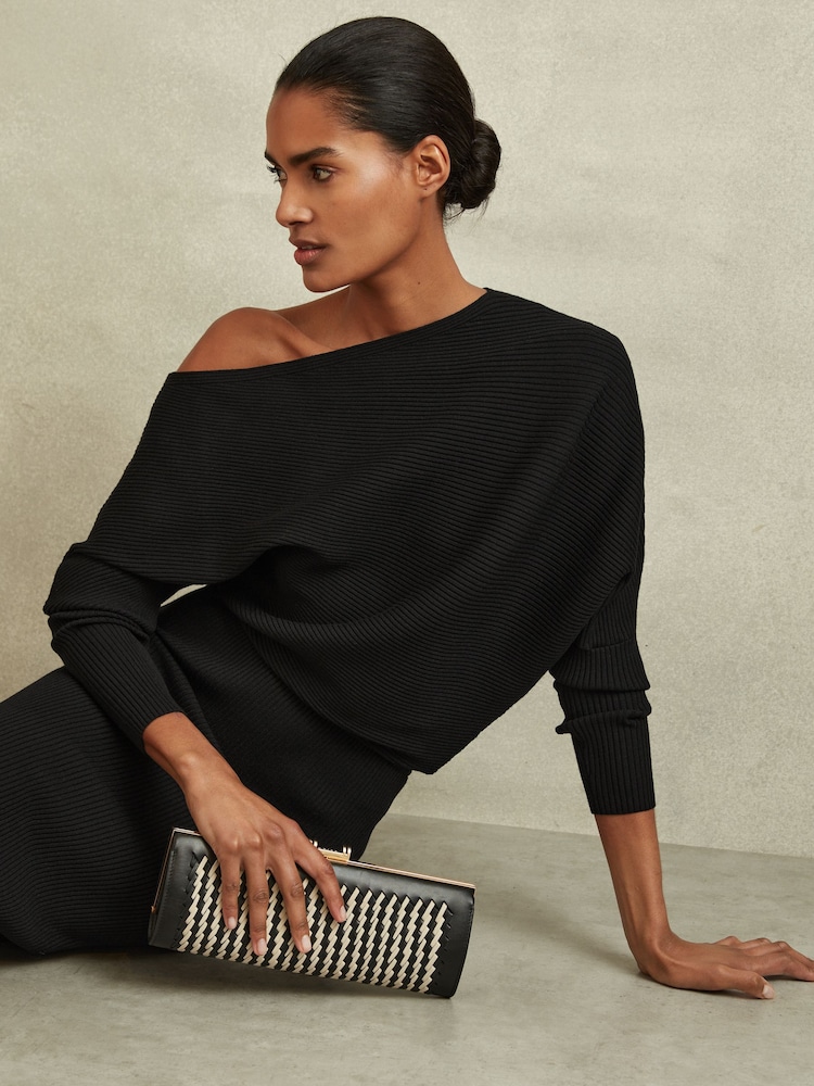 Reiss Black Lara Off-The-Shoulder Ribbed Midi Dress - Image 3 of 5
