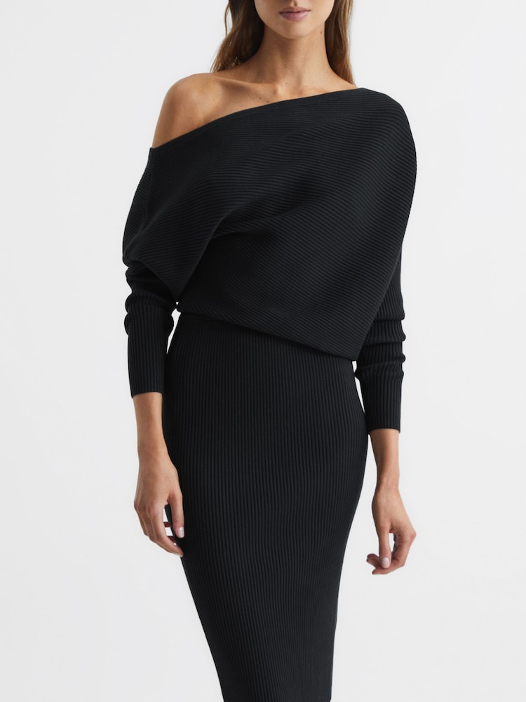 Reiss Black Lara Off-The-Shoulder Ribbed Midi Dress - Image 6 of 6 Reiss Black Lara Off-The-Shoulder Ribbed Midi Dress - Image 6 of 6
