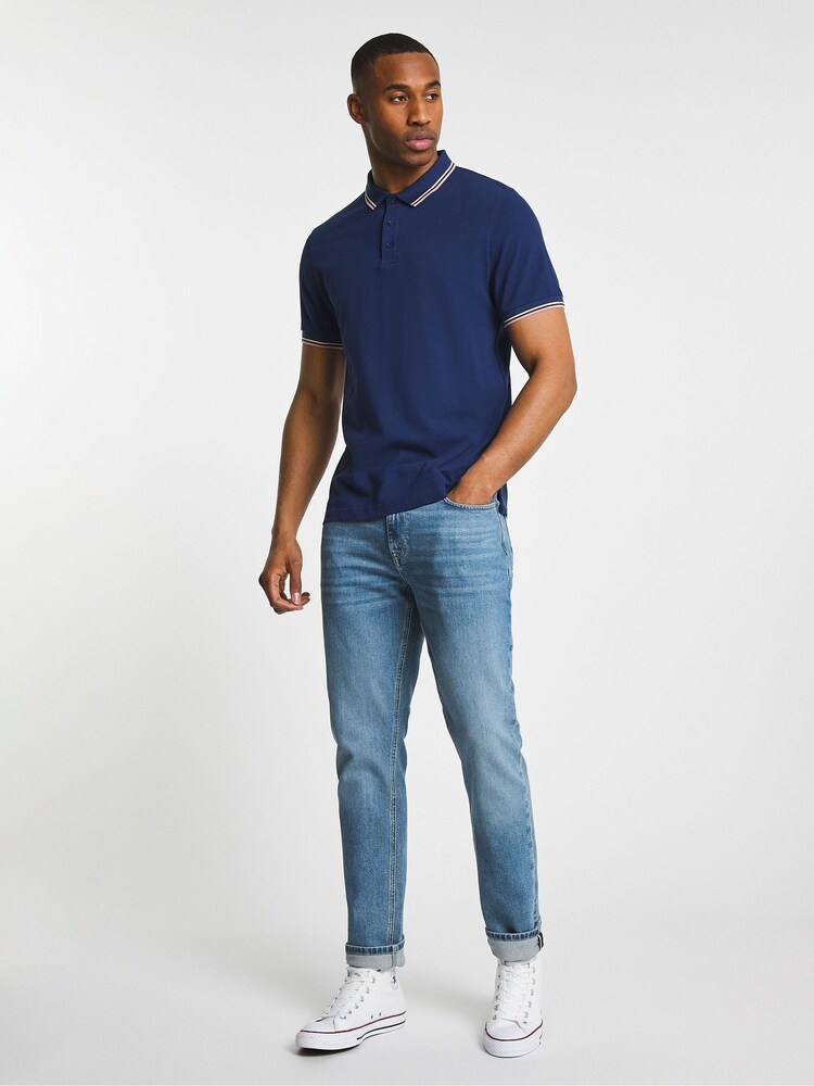 Jacamo Blue Long Tipped Pique 100% Cotton Polo Shirt - Image 1 of 1 Jacamo Blue Long Tipped Pique 100% Cotton Polo Shirt - Image 1 of 1