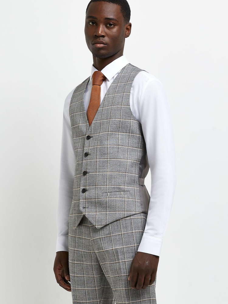 River Island Grey Grid Check Waistcoat - Image 1 of 4