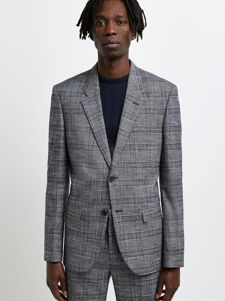 River Island Navy Blue SB2 Notch Scratchy Check Jacket - Image 1 of 4