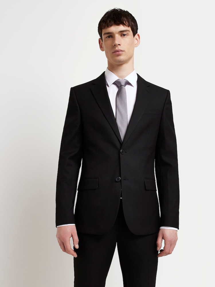 River Island Dark black Skinny 100% Cotton Twill Suit Jacket - Image 1 of 5