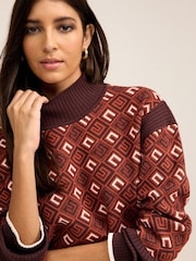 Brown Pattern Stand Neck Jumper - Image 4 of 6