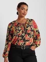 Lauren Ralph Lauren Curve Black Floral Reeshah V-Neck Frill Blouse - Image 1 of 9