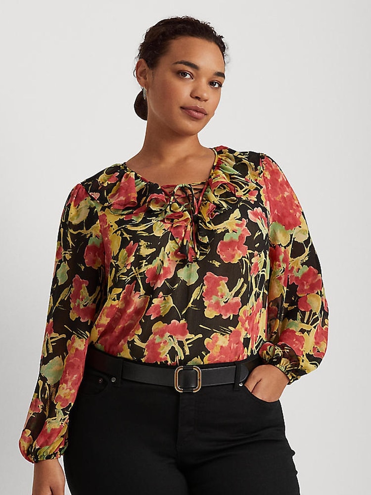 Lauren Ralph Lauren Curve Black Floral Reeshah V-Neck Frill Blouse - Image 1 of 9