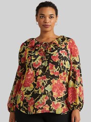 Lauren Ralph Lauren Curve Black Floral Reeshah V-Neck Frill Blouse - Image 4 of 9