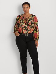 Lauren Ralph Lauren Curve Black Floral Reeshah V-Neck Frill Blouse - Image 5 of 9