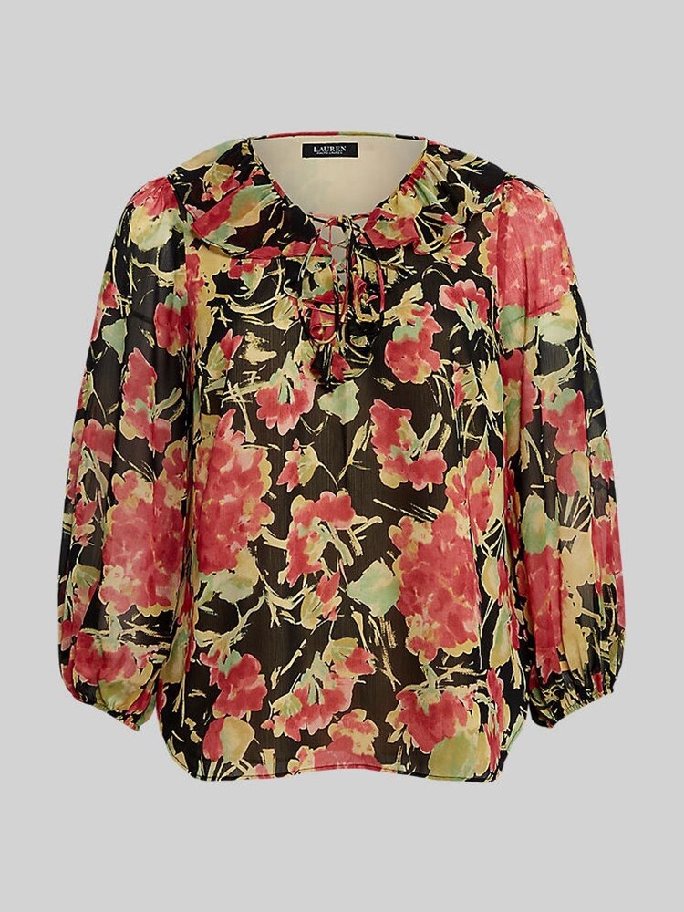 Lauren Ralph Lauren Curve Black Floral Reeshah V-Neck Frill Blouse - Image 9 of 9
