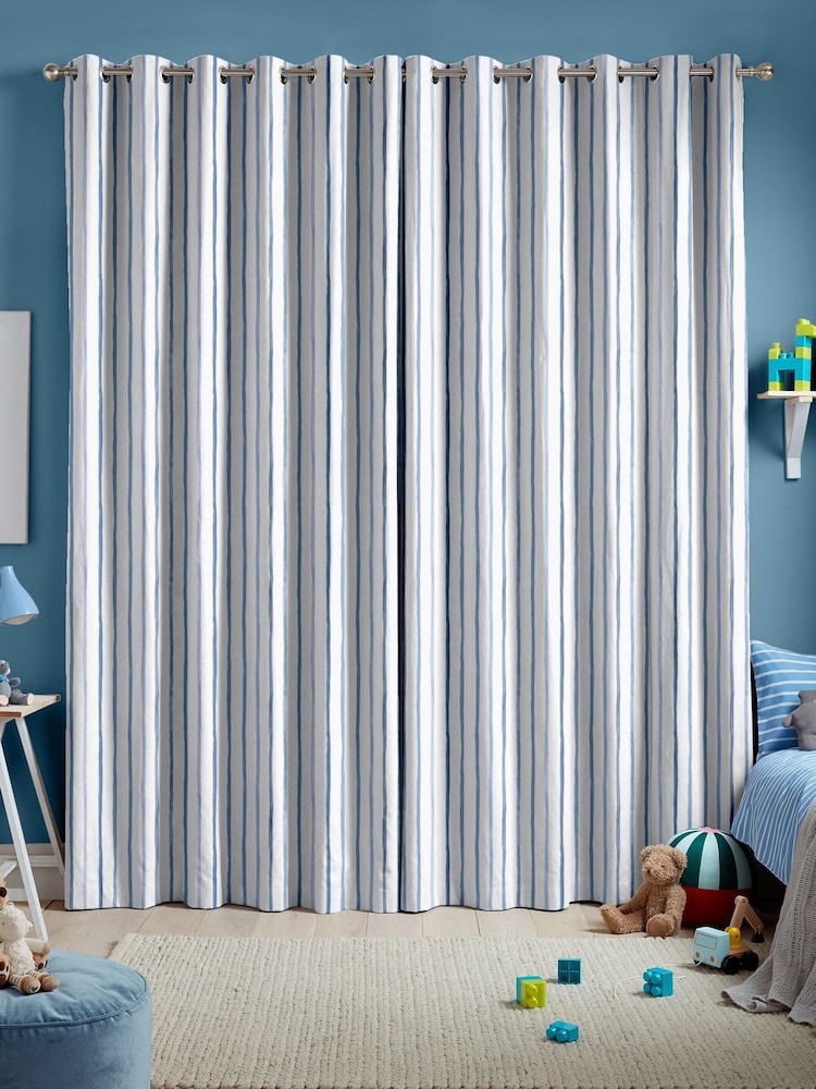 Laura Ashley Dark Seaspray Blue Painterly Stripe Made To Measure Curtains - Image 1 of 9