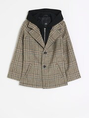 River Island Cream Boys Check Hooded Hybrid Coat - Image 1 of 4